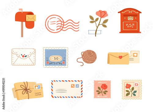 Cute flat vector set of mail and post themed illustrations including mailbox, envelopes, stamps, postcards and postal elements isolated on light background.