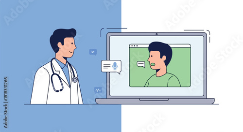 Doctor and patient consulting online via laptop, telemedicine, healthcare, medical consultation, video call, communication