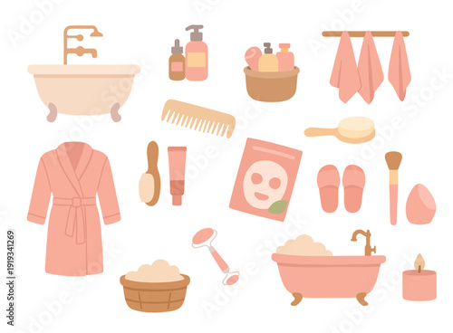 Soft pastel flat vector collection of self care and spa elements including bathtub, cosmetics, towels, bathrobe and beauty accessories.