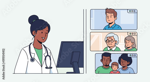 Doctor consulting with patients remotely via video call, telemedicine and healthcare technology concept