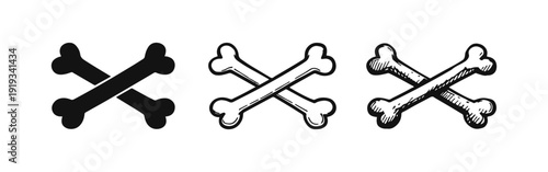 Set of crossed bones icon in three styles: solid, outline, and hand-drawn sketch illustration for danger or pirate symbols.