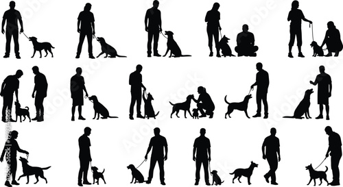 Black silhouette illustration of people interacting with dogs through walking, training, petting, and playing, symbolizing companionship, communication, bonding, care, and animal behavior