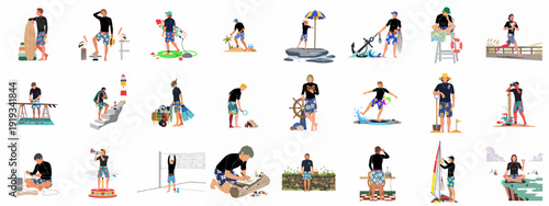 Man enjoying diverse summer beach and ocean activities, from surfing and fishing to art and relaxation, in vibrant tropical shorts.