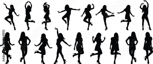 Black silhouette illustration of sixteen women in dynamic poses wearing dresses and high heels, showcasing fashion, dance, movement, body language, and expressive gestures