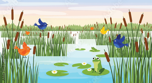 Vibrant wetland cartoon featuring cheerful frogs on lily pads and colorful birds amidst lush cattails