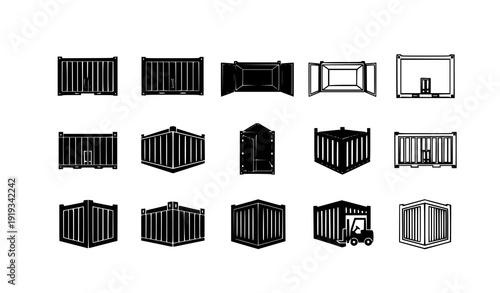 Simple shipping container icon set in minimal black vector style