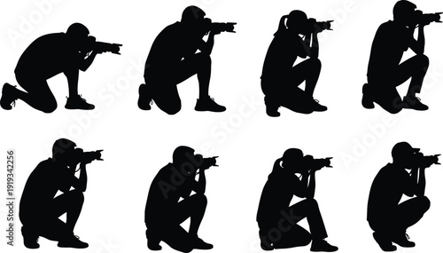 Photographer silhouettes collection isolated on white background, professional camera operator kneeling poses set for photography, media production and creative industry design