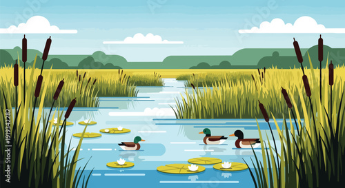 Tranquil marshland vista with ducks gliding through water adorned with lily pads and cattails