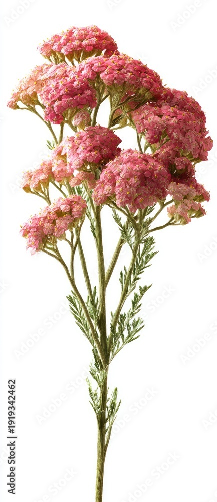 Fototapeta premium Isolated sprig of pink flowers with textured blooms and delicate green foliage