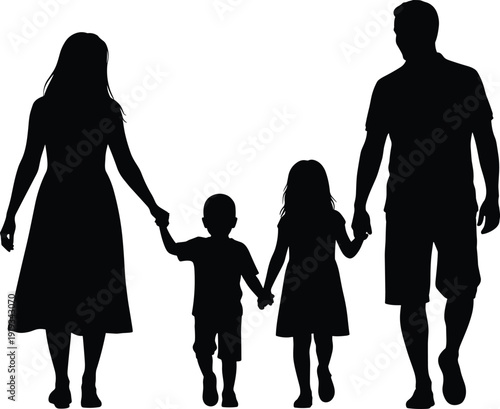 Silhouette of family walking hand in hand, parents with children, unity and togetherness concept, parental care, childhood bond, family love illustration design