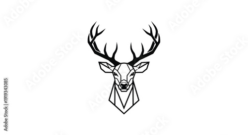 Deer head logo with geometric lines and antlers in black and white featuring stag, monochrome, wildlife with animal and mammal elements for hunting, forest projects, clean composition on simple