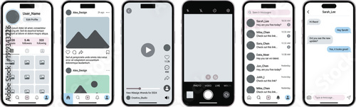 Mobile social media and messaging app interface screens with profile, feed, video, camera, and chat layouts, vector artwork