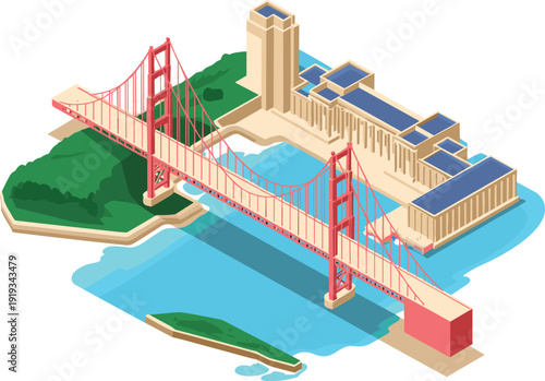 Isometric Golden Gate Bridge and San Francisco landmark cityscape with waterfront and modern buildings illustration