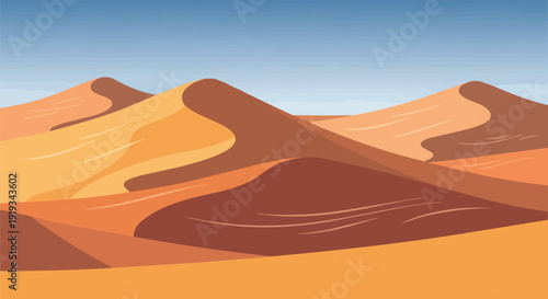 Vast undulating sand dunes stretching under a clear azure sky in an arid desert landscape illustration