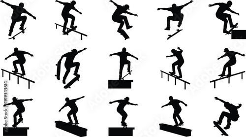 Skateboarder silhouettes performing tricks collection isolated on white background, extreme street sport action poses set for urban skateboarding vector illustration