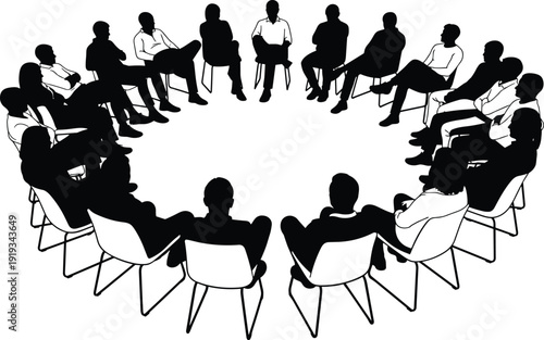 Black silhouettes of people sitting in a circle on chairs for support group meeting, community workshop, team discussion, or seminar isolated on white background.