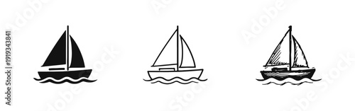 Sailing Boat Icon Set on Water. Hand-Drawn Sailboat Vector Art for Nautical Journeys and Aquatic Sports.
