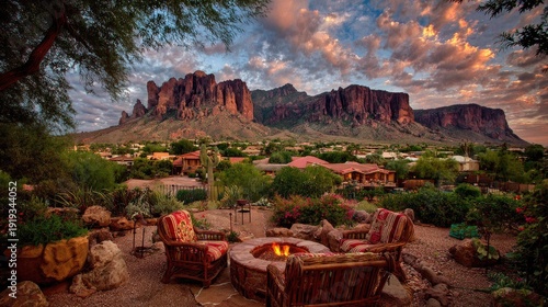 Impressive desert mountain range dominates the view above a patio with comfortable seating near a fire pit at twilight
