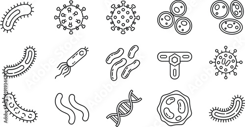 Hand Drawn Bacteria and Virus Icon Set, Microbiology Doodle Collection with DNA Strand, Germ Cells and Pathogen Symbols for Medical Science Education Design