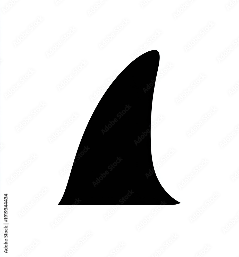 Fototapeta premium Simple black silhouette of a shark's dorsal fin against a stark white background