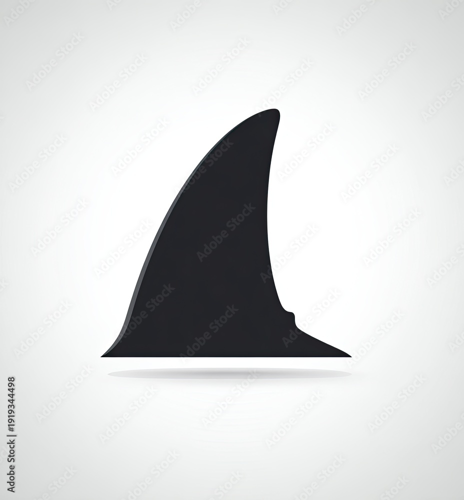 Fototapeta premium Silhouette of a dark grey dorsal fin, angled on a gradient background, shadow below