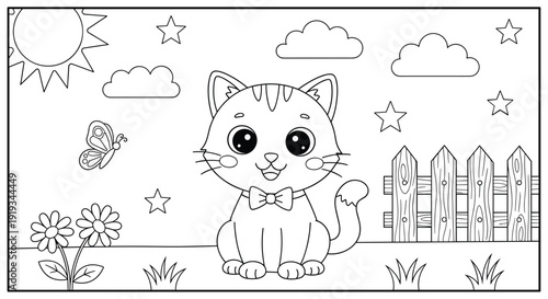 Kitten in garden coloring page and tracing activity for kids vector illustration