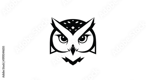Owl face logo with sharp beak and pointed ears monochrome design featuring bird, animal, wildlife with symbol and emblem elements for graphic, illustration projects, clean composition on simple