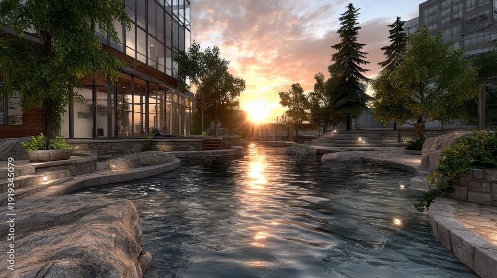Obraz premium Modern Building Reflections in a Tranquil Pond at Sunset, Serene Urban Oasis
