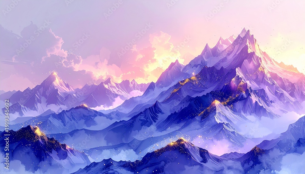 Obraz premium Purple mountain range with snowcapped peaks at sunrise with golden light