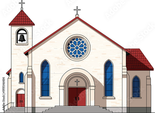 Traditional Christian Church Building Vector Illustration with Red Roof Bell Tower and Rose Window for Religious Events Community Services and Faith Based Architectural Designs