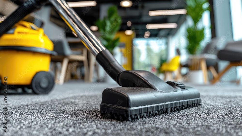 Fototapeta premium Professional cleaning appliance head cleans gray textured carpeting in a contemporary office space