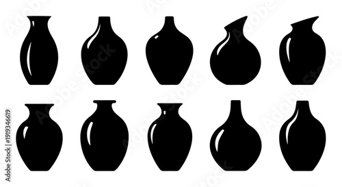 Set of elegant black vases in various shapes and designs