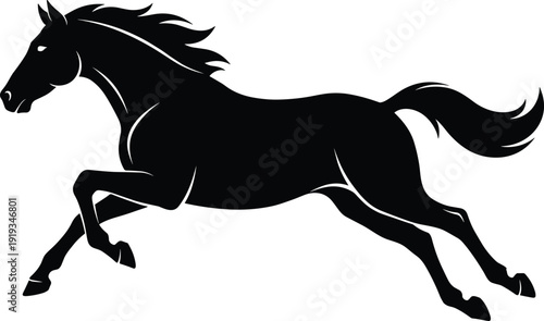 Running horse silhouette vector, black equine illustration of galloping stallion isolated on white background, dynamic motion animal graphic design