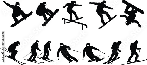 Winter sports silhouettes collection with snowboarders performing tricks and skiers downhill isolated on white background, extreme mountain activity vector illustration set