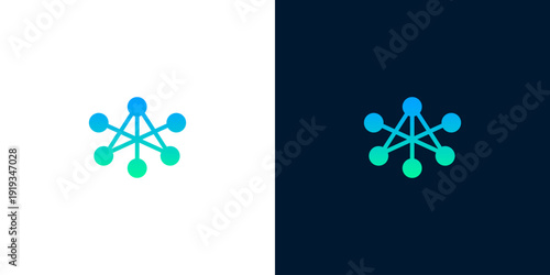 Modern abstract geometric logo design featuring interconnected nodes with a vibrant gradient, symbolizing global networks, data synergy, and advanced technological solutions
