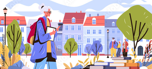Active seniors learning city walking books education urban park elderly people colorful buildings trees modern flat design