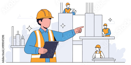 illustration of a construction foreman monitoring the building and the workers