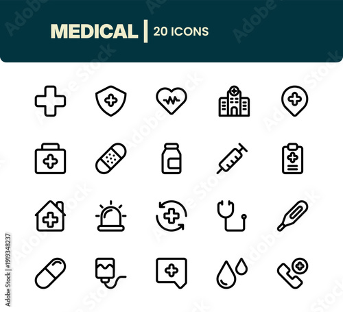 Medical icon set. Medical kit, Hospital, Medicine, Message, Healthcare icon set. 20 icon set.