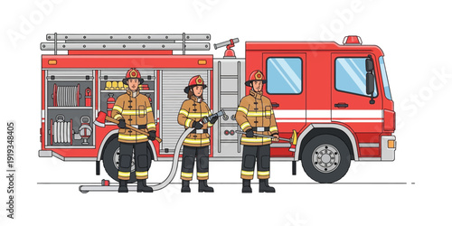 illustration of a group of firefighters with a fire truck in the background