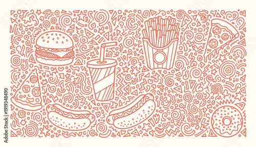 Hand drawn fast food doodle background featuring burger pizza hot dog and fries in line art style for cafe menu