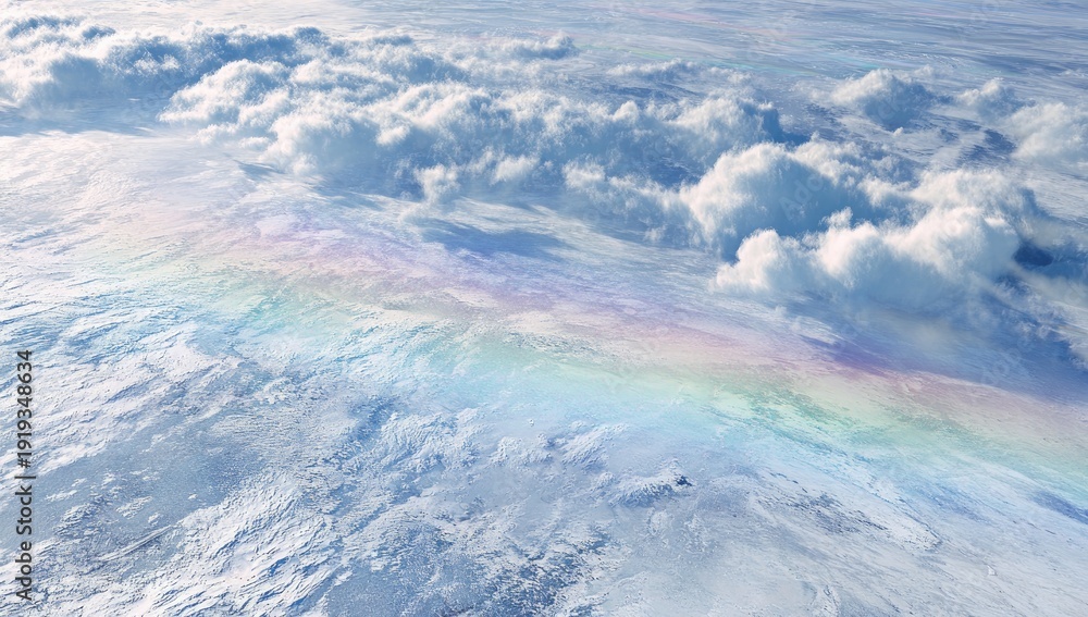 Fototapeta premium High-altitude view; cumulus clouds with a vibrant, sweeping rainbow arc