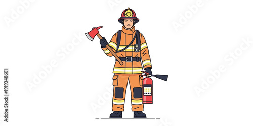 illustration of a firefighter carrying a fire extinguisher and axe