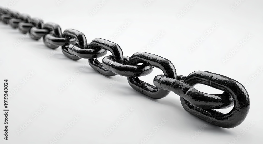 Obraz premium Close-up of a long, black chain, sharply angled across a clean white backdrop