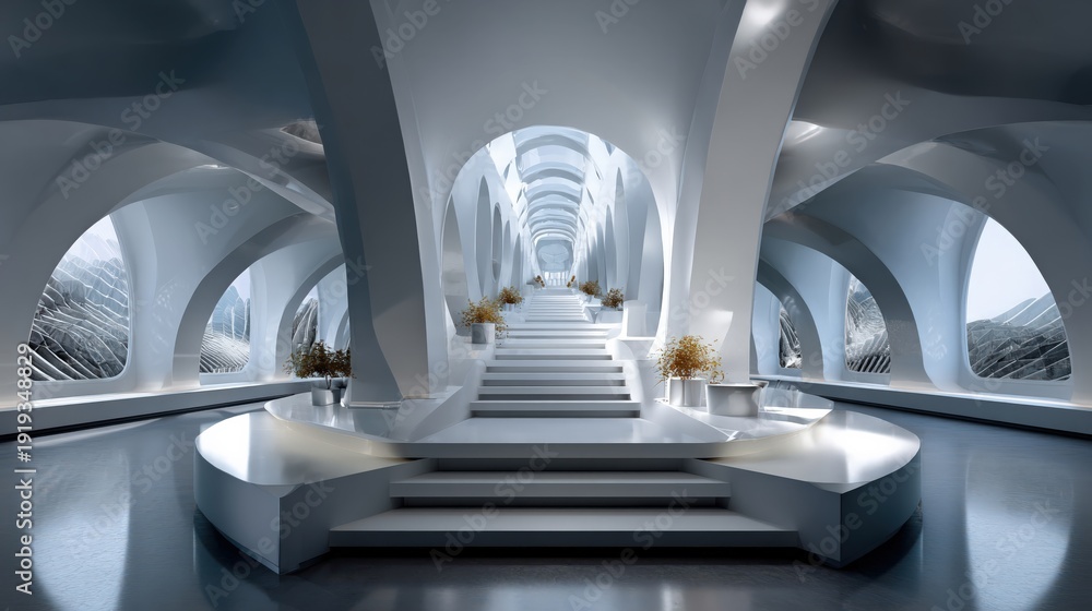 Fototapeta premium futuristic white organic hall with flowing arches and ascending staircase, luminous minimalist architecture with soft light, reflective floor and serene spatial depth in a visionary interior