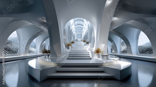 futuristic white organic hall with flowing arches and ascending staircase, luminous minimalist architecture with soft light, reflective floor and serene spatial depth in a visionary interior