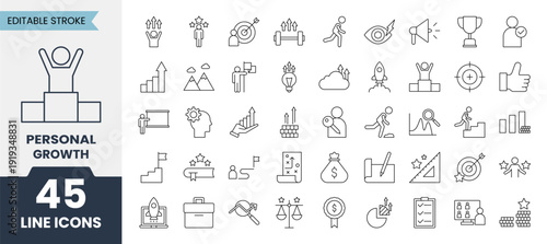Personal Growth line icons set with editable stroke. Containing career, success, goal, vision, strategy, skills, progress and more. Vector illustration