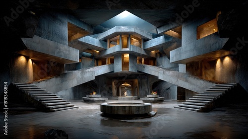 monumental brutalist concrete atrium with intersecting staircases and central skylight, dramatic geometric architecture, moody light and cinematic depth in a futuristic labyrinthine interior