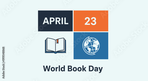 World Book Day icons, includes reading, book, globe, literacy symbols, created in simple style with colorful palette