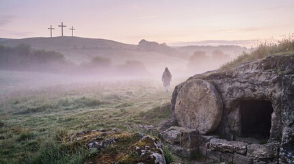 Leinwandbilder Lavendelfarbene Motive Man walking away from empty tomb across foggy field with three crosses on hill. Resurrection concept for Easter holiday.  © W.O.W
