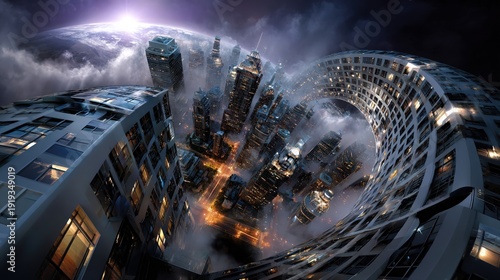 surreal warped city skyline at dusk with curving architecture, glowing streets and misty clouds beneath a cosmic horizon, futuristic urban distortion and dreamlike perspective in cinematic light